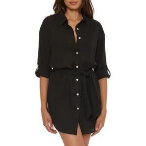 BECCA By Rebecca Virtue long sleeve shirt dress Beach Cover Up Black S/P A004099
